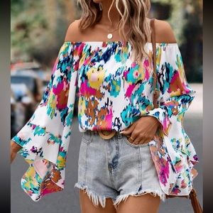 Boho White Tie Dye Print Off Shoulder Flounce Sleeve Top Blouse Shirt